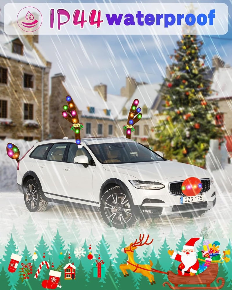 Dergo Christmas Reindeer Antlers Car Decoration Kit, IP44 Waterproof LED Lights Nose Vehicle with Jingle Bells Rudolph, Auto Holiday Accessories for SUV Van Truck Decor Multicolor - Image 3